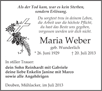 Traueranzeige von Maria Weber von WVG - Wochenspiegel NMB / WSF / ZTZ