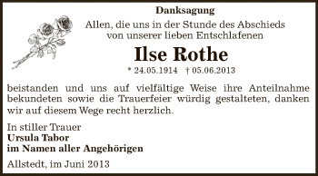 Traueranzeige von Ilse Rothe von WVG - Wochenspiegel SGH