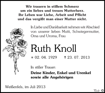 Traueranzeige von Ruth Knoll von WVG - Wochenspiegel NMB / WSF / ZTZ