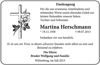 Traueranzeige von Martina Herschmann von WVG - Wochenspiegel Wittenberg