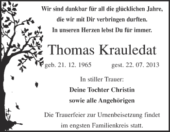 Traueranzeige von Thomas Krauledat von Super Sonntag Merseburg