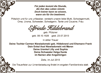 Traueranzeige von Elfriede Hildebrand von Super Sonntag Zeitz