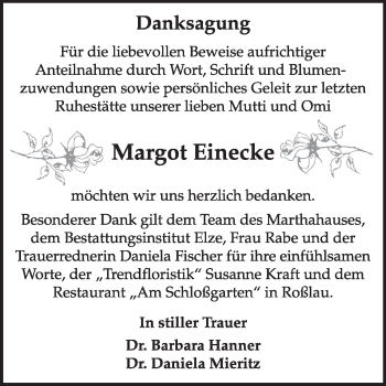 Traueranzeige von Margot Einecke von Super Sonntag Dessau / Köthen