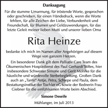 Traueranzeige von Rita Heinze von WVG - Wochenspiegel Wittenberg