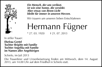 Traueranzeige von Hermann Fügner von WVG - Wochenspiegel Quedlinburg