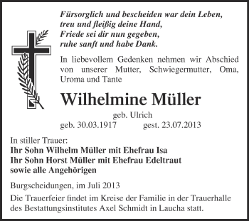 Traueranzeige von Wilhelmine Müller von WVG - Wochenspiegel NMB / WSF / ZTZ