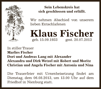 Traueranzeige von Klaus Fischer von Super Sonntag Bernburg