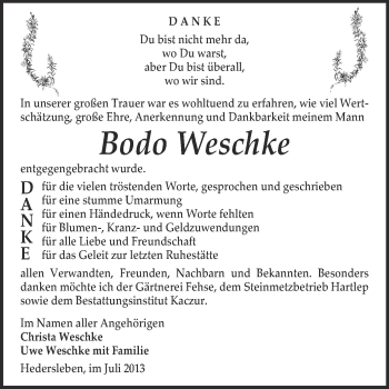 Traueranzeige von Bodo Weschke von WVG - Wochenspiegel Quedlinburg