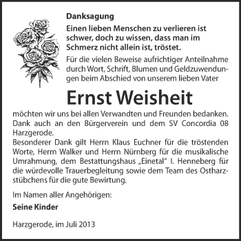 Traueranzeige von Ernst Weisheit von Super Sonntag Quedlinburg