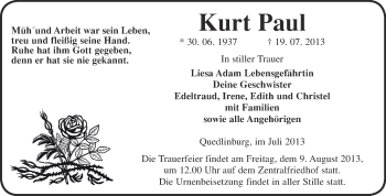 Traueranzeige von Kurt Paul von WVG - Wochenspiegel Quedlinburg