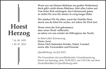 Traueranzeige von Horst Herzog von WVG - Wochenspiegel Quedlinburg