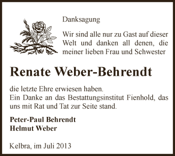 Traueranzeige von Renate Weber-Behrendt von Super Sonntag SGH Mansf. Land