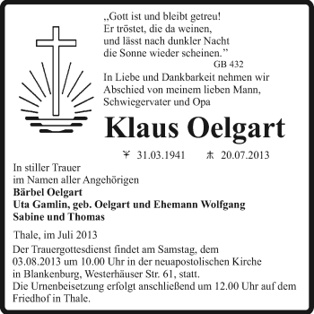 Traueranzeige von Klaus Oelgart von Super Sonntag Quedlinburg