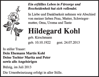 Traueranzeige von Hildegard Kohl von Super Sonntag Wittenberg