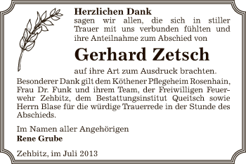 Traueranzeige von Gerhard Zetsch von WVG - Wochenspiegel Dessau / Köthen