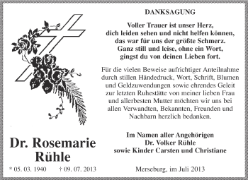 Traueranzeige von Rosemarie Rühle von Super Sonntag Merseburg