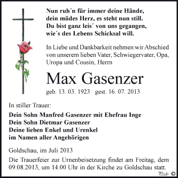 Traueranzeige von Max Gasenzer von Super Sonntag Zeitz