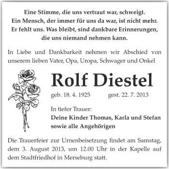 Traueranzeige von Rolf Diestel von Super Sonntag Merseburg