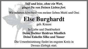 Traueranzeige von Else Burghardt von Super Sonntag Dessau / Köthen
