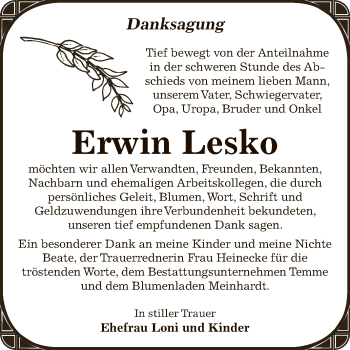 Traueranzeige von Erwin Lesko von WVG - Wochenspiegel Bitterfeld