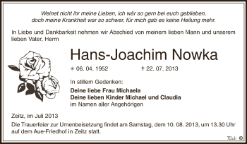 Traueranzeige von Hans-Joachim Nowka von Super Sonntag Zeitz