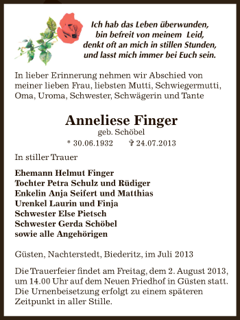 Traueranzeige von Anneliese Finger von Super Sonntag Bernburg