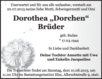 Traueranzeige von Dorothea Brüder von Super Sonntag Dessau / Köthen