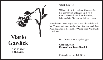 Traueranzeige von Mario Gawlick von WVG - Wochenspiegel Aschersleben