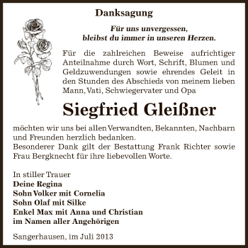 Traueranzeige von Siegfried Gleißner von WVG - Wochenspiegel SGH