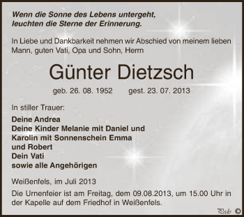 Traueranzeige von Günter Dietzsch von Super Sonntag Zeitz