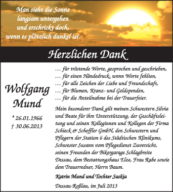 Traueranzeige von Wolfgang Mund von Super Sonntag Dessau / Köthen