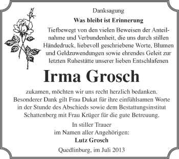 Traueranzeige von Irma Grosch von WVG - Wochenspiegel Quedlinburg
