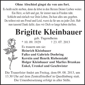 Traueranzeige von Brigitte Kleinbauer von WVG - Wochenspiegel Quedlinburg