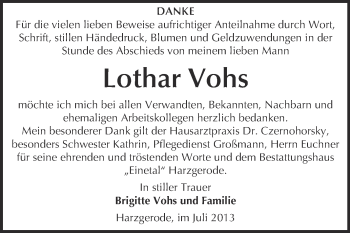 Traueranzeige von Lothar Vohs von Super Sonntag Quedlinburg