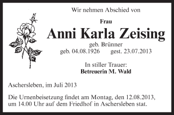 Traueranzeige von Anni Karla Zeising von WVG - Wochenspiegel Aschersleben