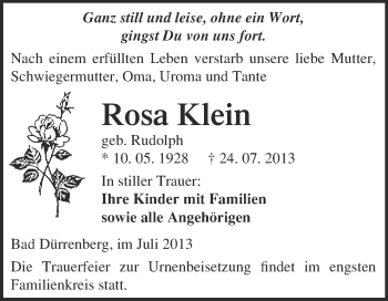 Traueranzeige von Rosa Klein von Super Sonntag Merseburg
