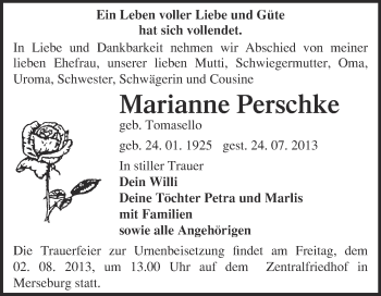 Traueranzeige von Marianne Perschke von Super Sonntag Merseburg