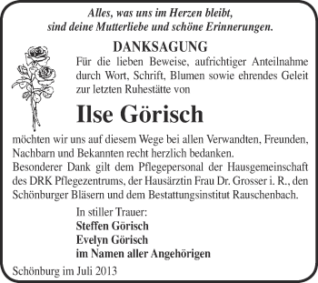 Traueranzeige von Ilse Görisch von WVG - Wochenspiegel NMB / WSF / ZTZ