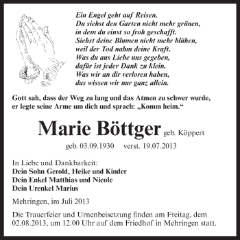 Traueranzeige von Marie Böttger von WVG - Wochenspiegel Aschersleben