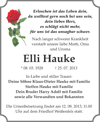 Traueranzeige von Elli Hauke von WVG - Wochenspiegel NMB / WSF / ZTZ