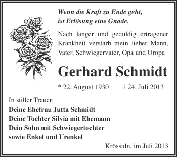 Traueranzeige von Gerhard Schmidt von WVG - Wochenspiegel NMB / WSF / ZTZ