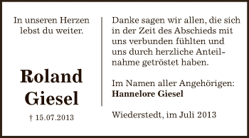 Traueranzeige von Roland Giesel von Super Sonntag SGH Mansf. Land