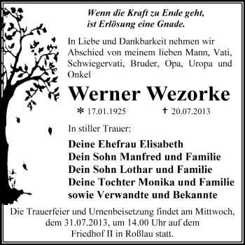 Traueranzeige von Werner Wezorke von Super Sonntag Dessau / Köthen