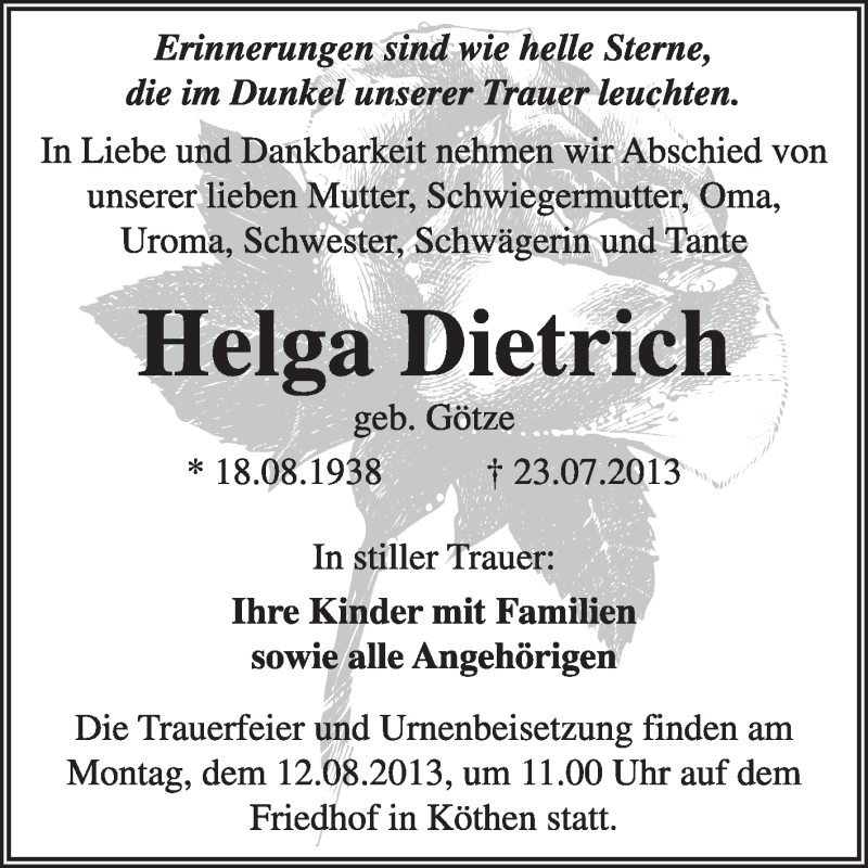  Traueranzeige für Helga Dietrich vom 28.07.2013 aus Super Sonntag Dessau / Köthen