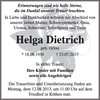 Traueranzeige von Helga Dietrich von Super Sonntag Dessau / Köthen