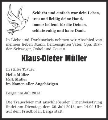 Traueranzeige von Klaus-Dieter Müller von Super Sonntag SGH Mansf. Land