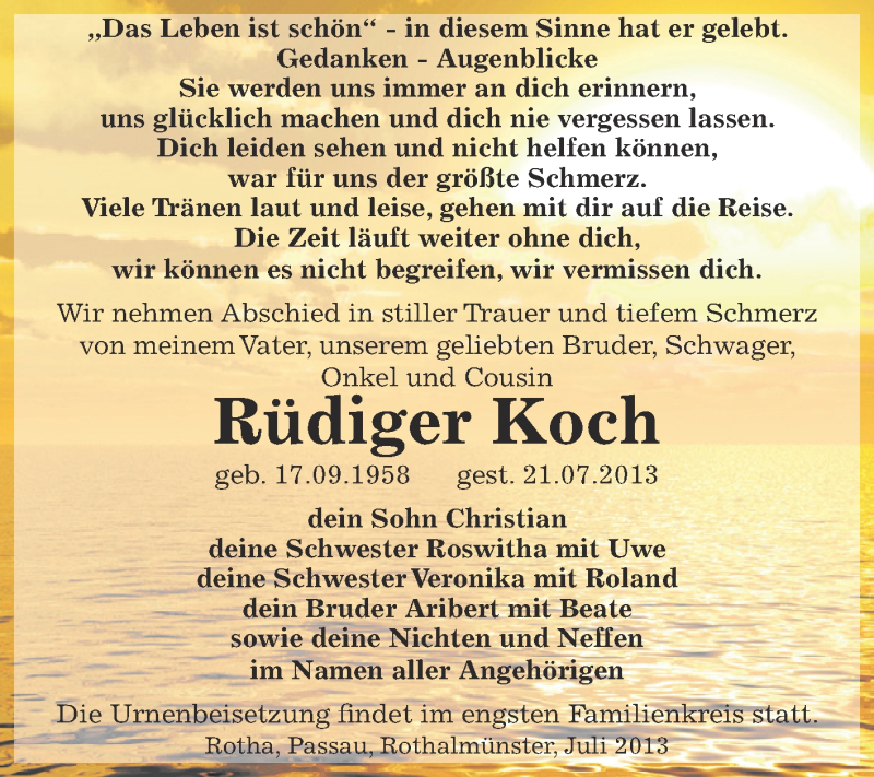  Traueranzeige für Rüdiger Koch vom 28.07.2013 aus Super Sonntag SGH Mansf. Land