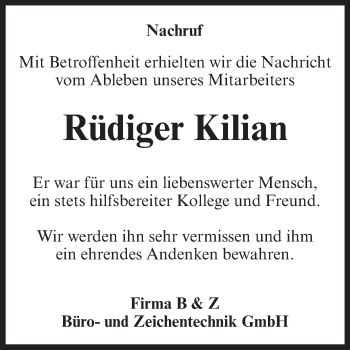 Traueranzeige von Rüdiger Kilian von Super Sonntag Aschersleben