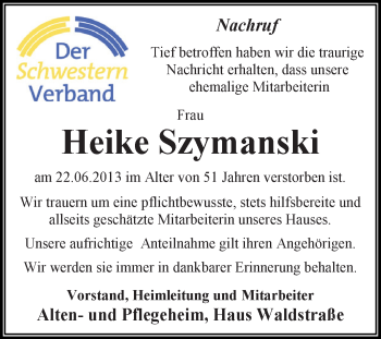 Traueranzeige von Heike Szymanski von WVG - Wochenspiegel Dessau / Köthen
