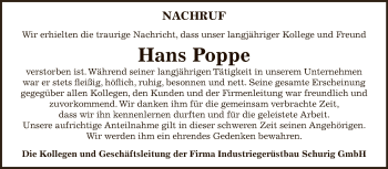 Traueranzeige von Hans Poppe von Super Sonntag Bernburg